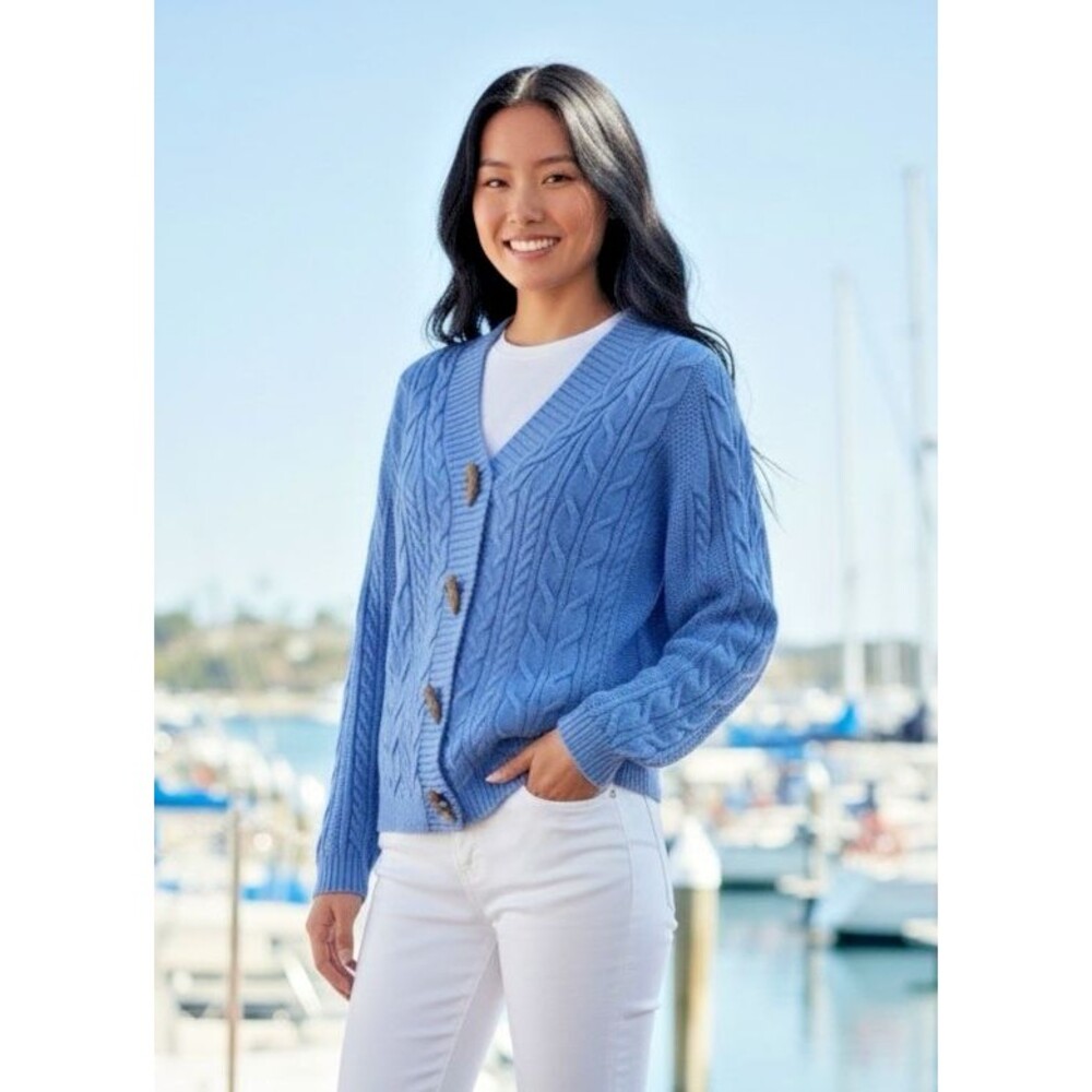 Talbots NEW blue womens button loop cable knit sweater sz Mp 100% cotton